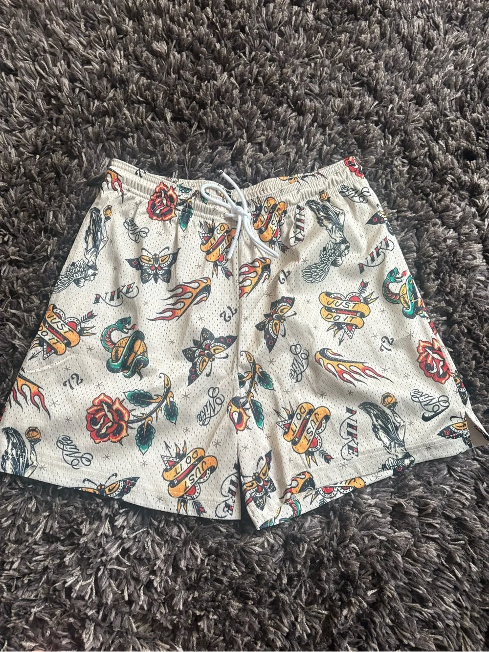 Nike Cream Mesh Shorts with Multicolor Tattoo Print Waistband
